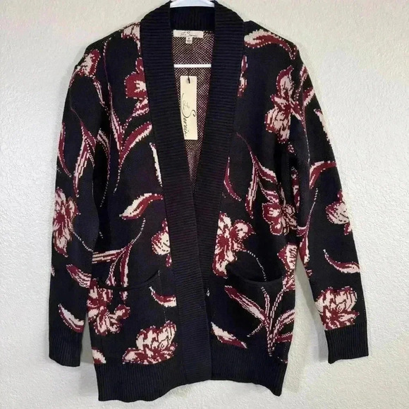Les Serein Stitch Fix Floral Open Front Cardigan Sweater Black Burgundy NWT SM - Picture 1 of 7